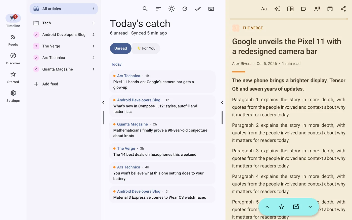 Angler on a tablet with the article list beside the reader