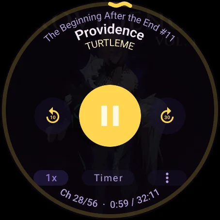 The watch player with play, skip, speed and timer controls